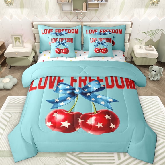 Manfei Cartoon Cherry Bowknot 7-Piece Twin Bedding Sets,Cute Stars Print Bedding Comforter Set,Blue Red Sheet Sets For Teens,Microfiber Bedroom Decor Reversible