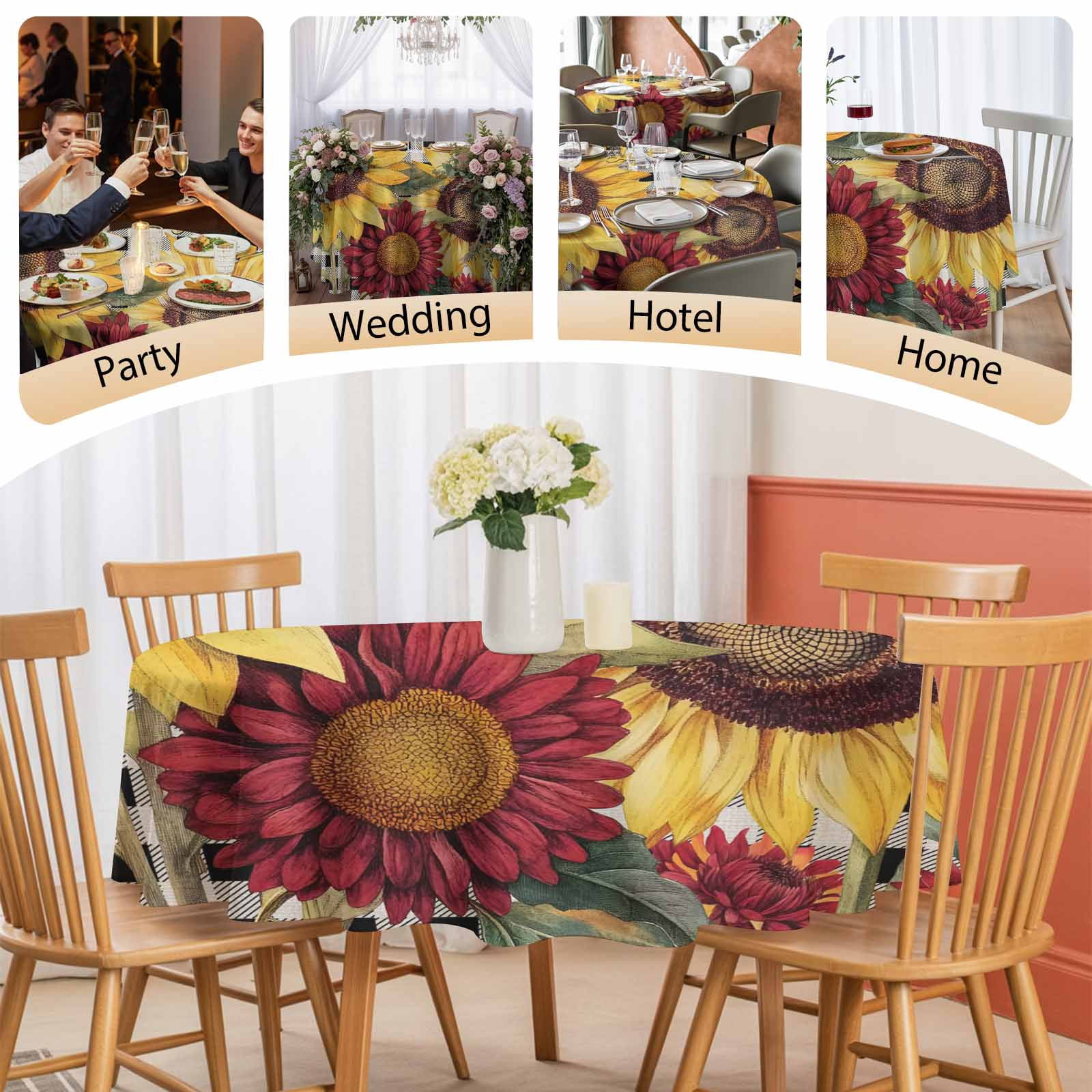 Round Tablecloth Butterfly Sunflower Waterproof Oil Proof Polyester Table Cloth Cover Decor for Home Dining Outdoor,Patio,Parties, 54" Dia. Live Love Laugh Black Plaid
