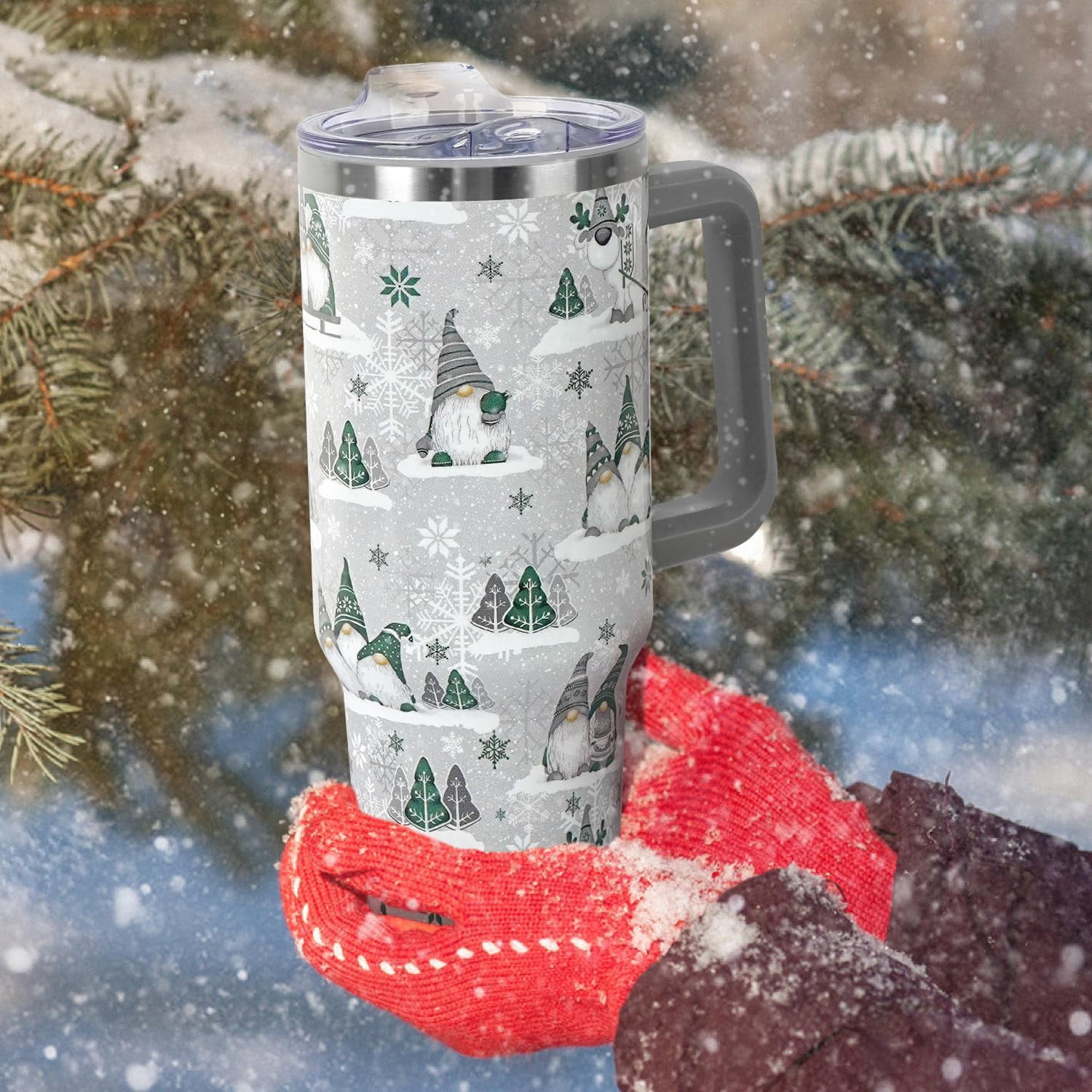 Christmas Gifts 40 oz Tumbler with Handle and Straw Lid,Cute Gifts for Women Winter Gnome Vacuum Insulated Leak Proof Tumbler,Holiday Accessories Stainless Steel Coffee Cup Mug (Green)