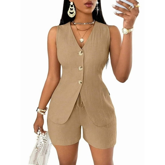 Women'S Summer 2 Piece Outfits Sleeveless Matching Sets Button Down V Neck Vest Waistcoat and Pockets Shorts Khaki S