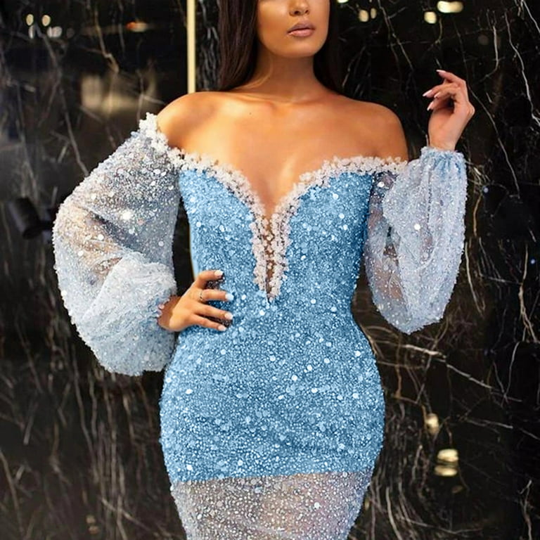 Sparkly One Shoulder Long Sleeved Bodycon Sequin Midi Dress