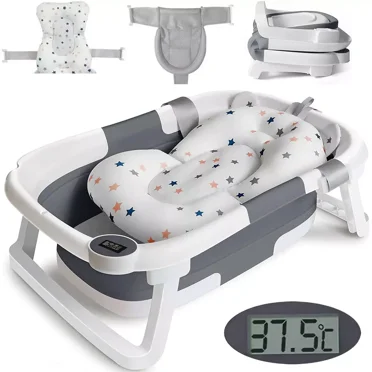 TOPCHANCES Collapsible Baby Bathtub with Thermometer, Newborn Baby Shower Tub with Baby Tub Cushion & Bath Net, Portable Baby Folding Bathtub for 0-36 Month Newborn, Grey