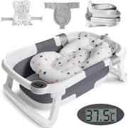 TOPCHANCES Collapsible Baby Bathtub with Thermometer, Newborn Baby Shower Tub with Baby Tub Cushion & Bath Net, Portable Baby Folding Bathtub for 0-36 Month Newborn, Grey
