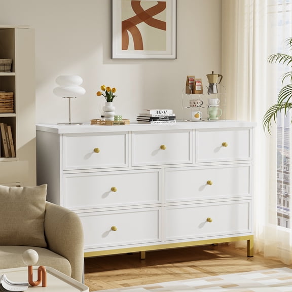 PamapicLife 47" White Wooden Dresser With 7 Deep Drawers & Metal Handles