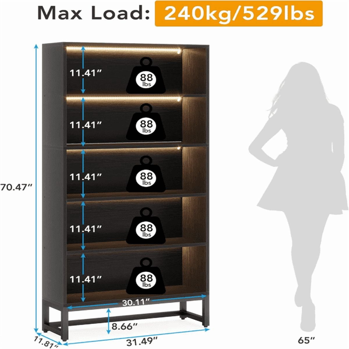5-Tier Tall Bookshelf with LED Lighting - 529lb Capacity, Anti-Tip Kit & Adjustable Feet, for Living Room/Home Office/Library