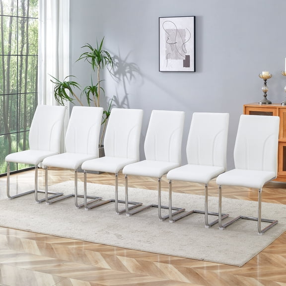ExtraLco Dining Chairs Set for 6, White Faux Leather Chairs with Cushioned Seats and Metal Legs for Kitchen Dining Room