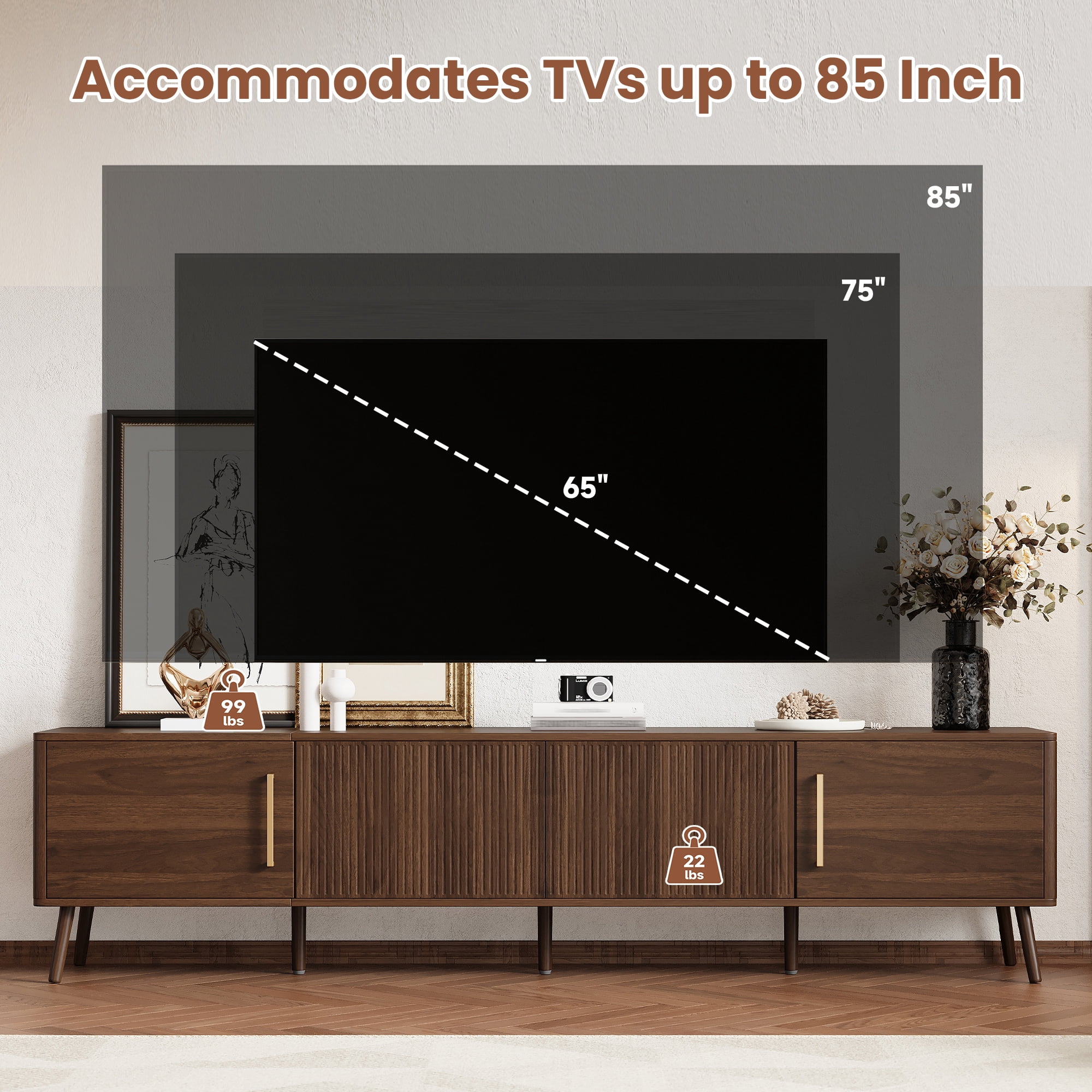 Euroco 78 inch Modern TV Stand for TVs up to 85", Entertainment Center with Fluted Door & Cable Management, Soft-Closing Hinges, Solid Wood Legs for Living Room