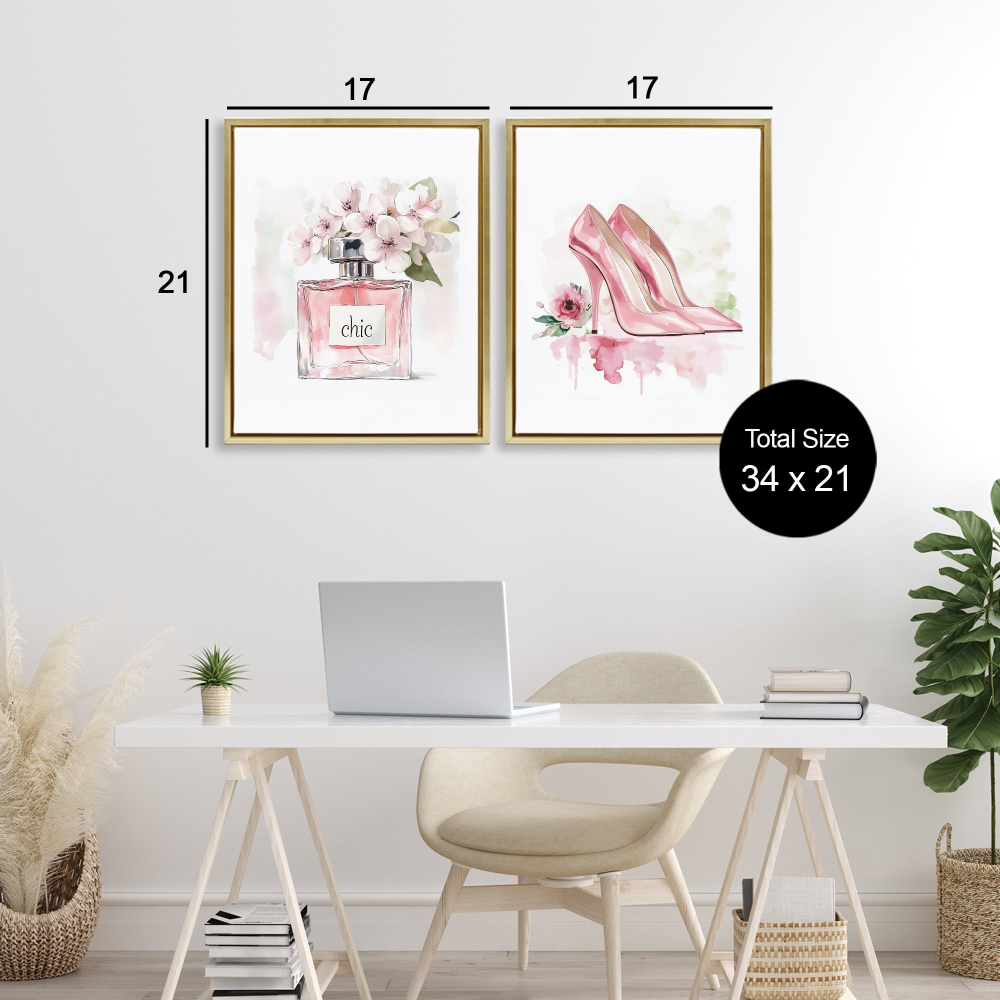 Rosy Pastel Perfume & Heels 2 Piece Gold Framed Floater Canvas Set, design by Christine Simpson Art