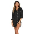 thumbnail image 4 of Defitshape Women's Button Down NIghtgown Sleepwear Sexy Pajamas Sleeping Mid Thigh Length Boyfriend Pocket Shirt Tail Hem Pjs Black Small, 4 of 4