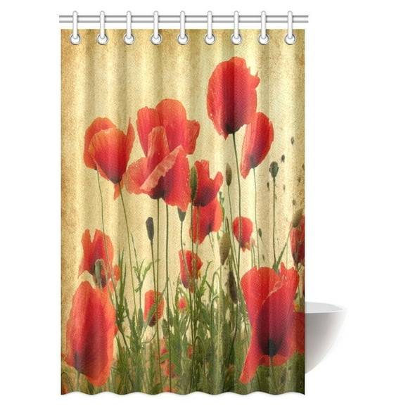BSDHOME Poppy Decor Shower Curtain, Spring Wildflower Poppy Leaf Garden Backyard Image Pattern Fabric Bathroom Shower Curtain with Hooks, 48 X 72 Inches