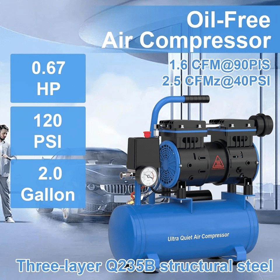 Azzunox 2 Gallon Air Compressor, 1.6CFM@90PSI Oil Free Air Compressor Tank & Max.116PSI Pressure, 60 dB Ultra Quiet Compressor for Auto Repair, Tire Inflation, Spray Painting, Woodwork Nailing