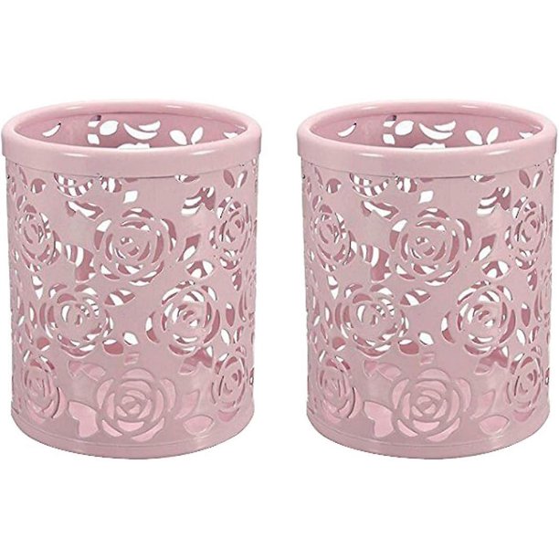 Organizador de contenedores de escritorio con diseño de flores de rosas huecas, bolígrafo de metal, portalápices, portavasos, 2 piezas, rosa