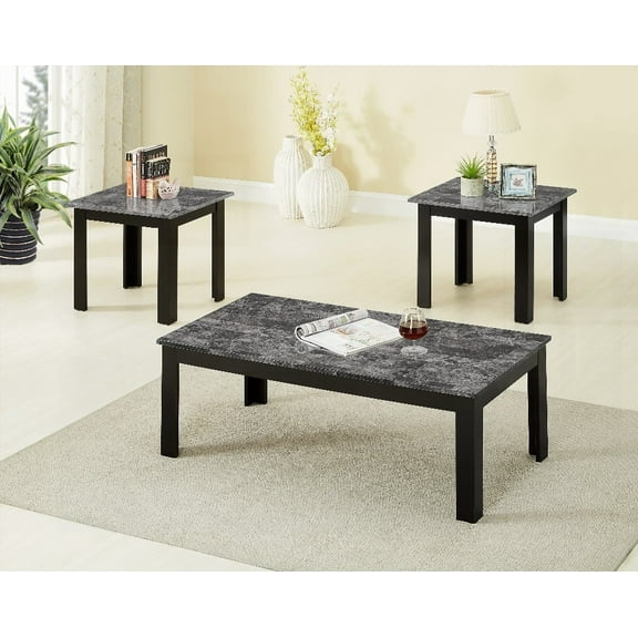 3pc Set: Traditional Style Rectangular Coffee Table & Square End Tables w/Wooden Legs & Black Finish Faux Marble Top