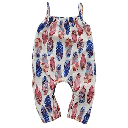 

Aompmsdx Girls Colorful Feathers Printed Suspenders Cargo Shorts Jumpsuit Newbornbaby
