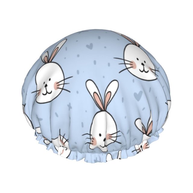 YFYANG Women's Double Waterproof Shower Cap, Blue Cartoon Rabbit Reusable Hair Cap for All Hair Styles and Head Sizes