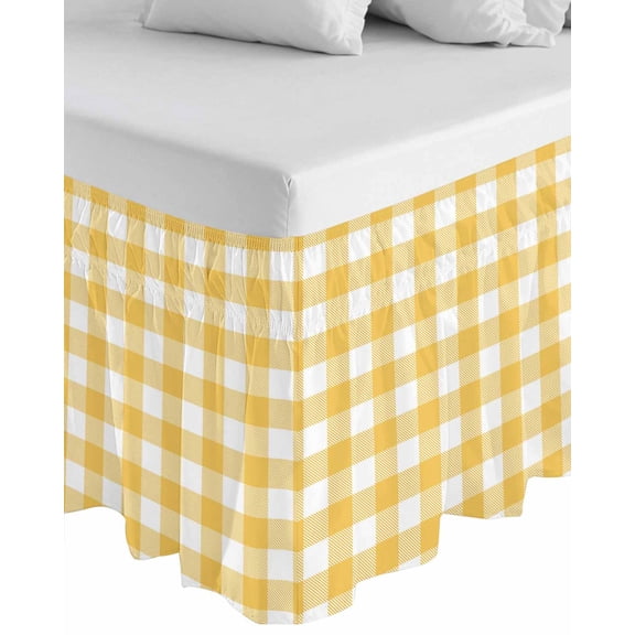 Plaid Yellle, Wrap Around Bed Skirts for Queen Bed 18" Drop, Bed Skirt with Adjustable Elastic Belt Dust Ruffle Bed Valance for Bedroom Hotel Luxury Rural Abstract Geometric Lattice Bed Frame Cover