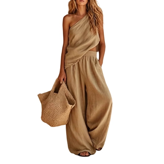 SZJXBUY Business Casual Pants Sets Women 2 Piece Outfits Dressy Basic Off Shoulder Sleeveless Wide-Leg Pants Set Elegant Beach Outfit Khaki,L