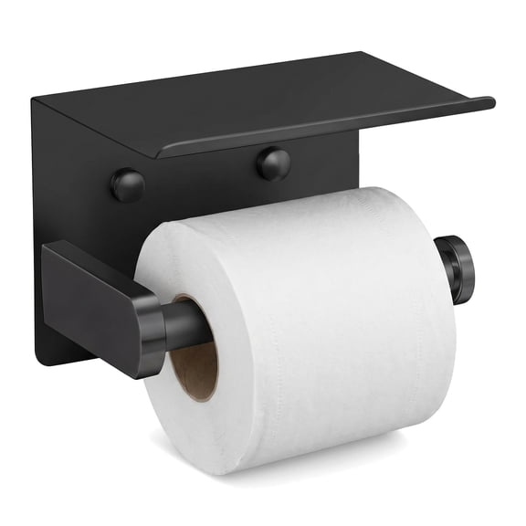 Self Adhesive Toilet Paper Holder with Phone Shelf, Stainless Steel Wall Mounted Tissue Roll Holder, Rustproof for Bathroom Washroom - Black