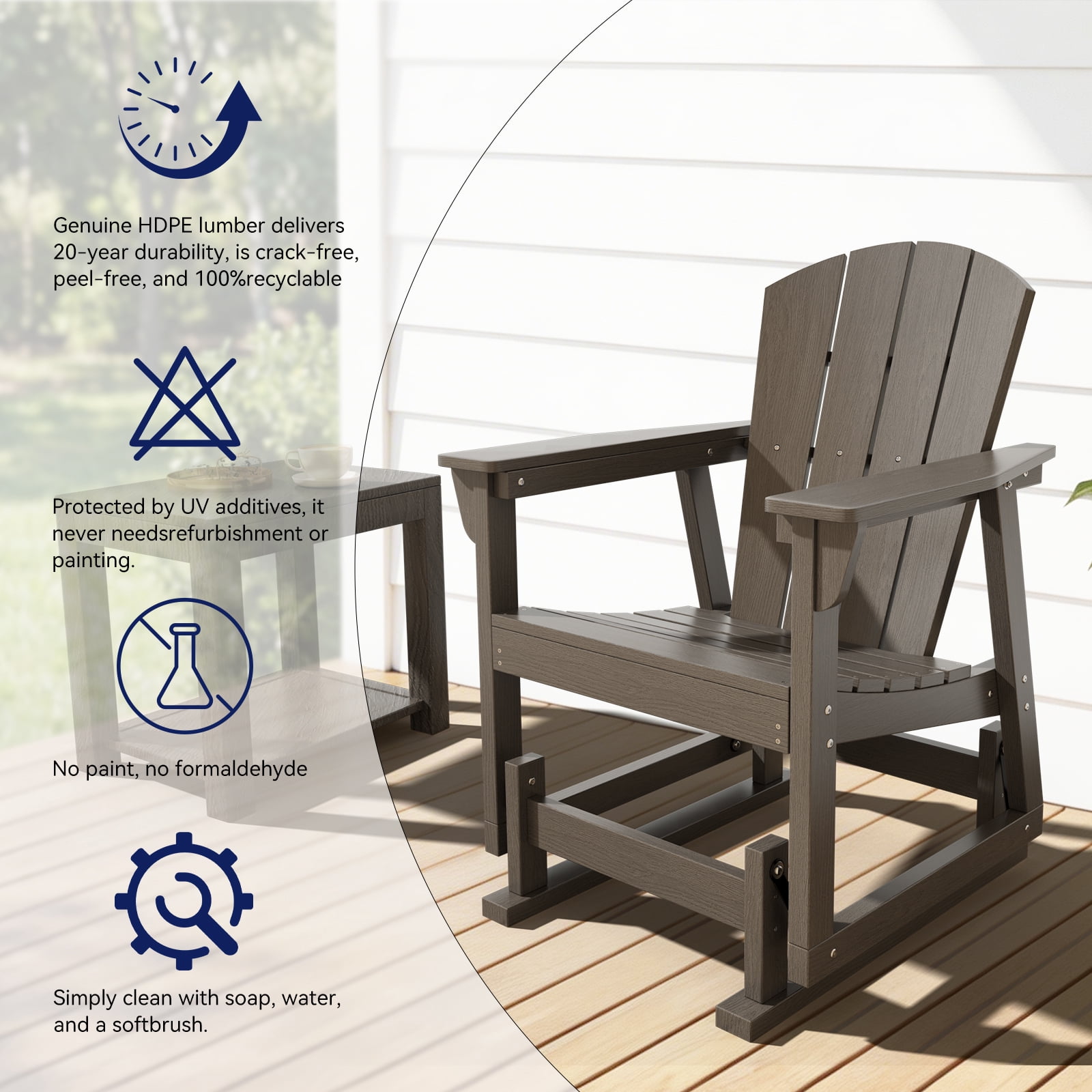 BaPiPro HDPE Adirondack Outdoor Glider Chair, Ergonomic High Back Wide Armrests All-Weather Patio Rocking Chair for Lawn Garden Porch Backyard, Gray