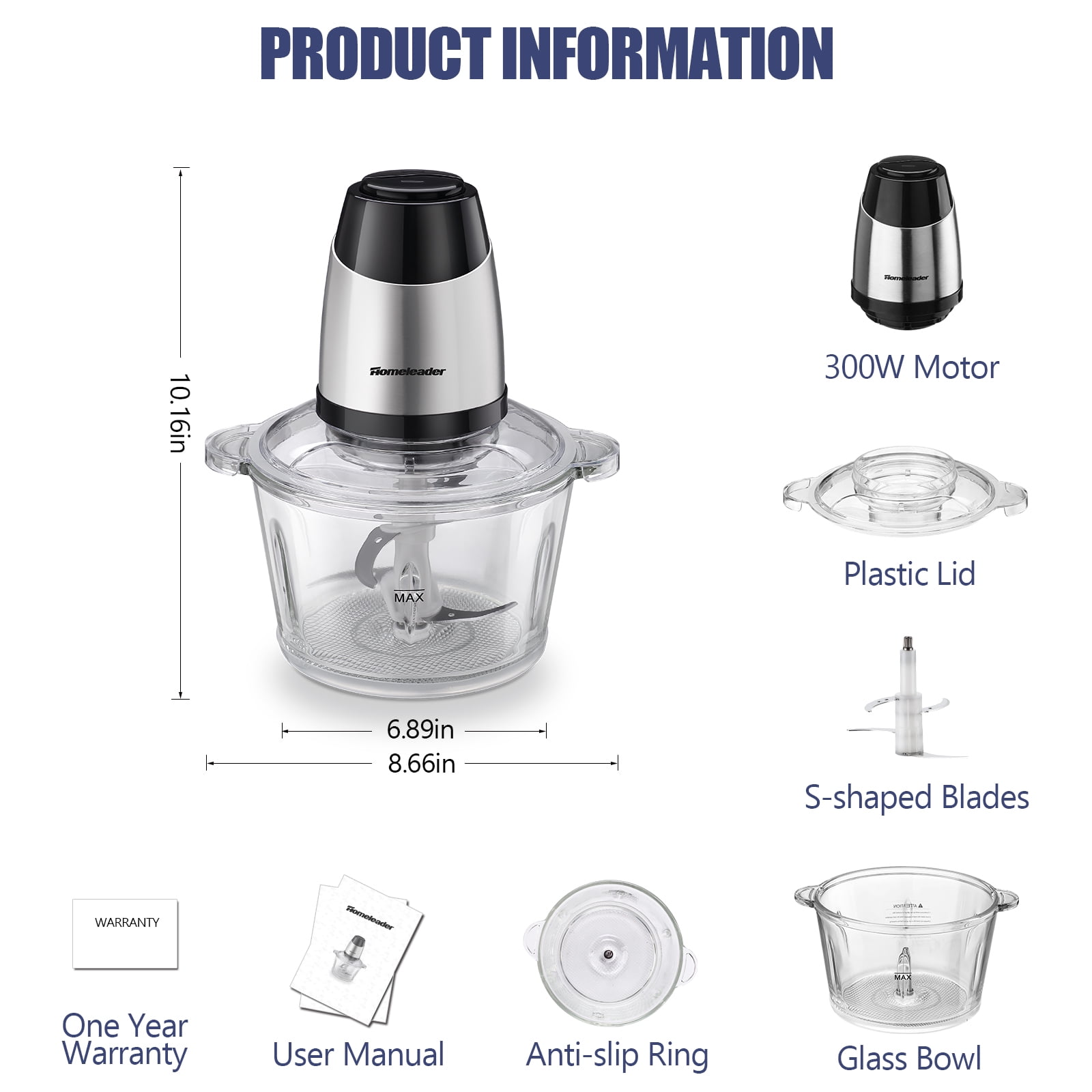 Electric Food Chopper, 8-Cup Food Processor by Homeleader, 2L BPA-Free  Glass Bowl Blender Grinder - Bed Bath & Beyond - 30646538