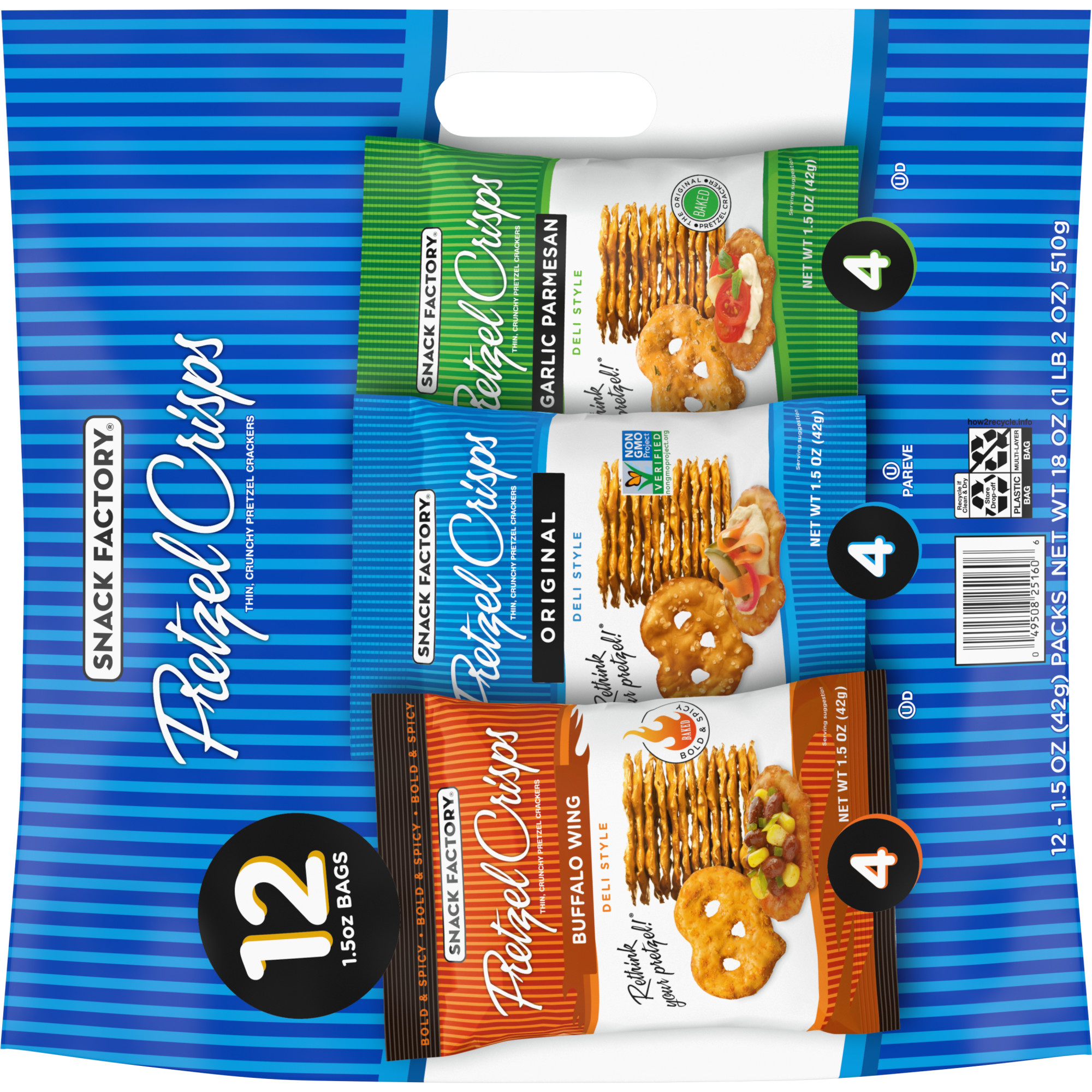 Snack Factory Pretzel Crisps Variety Pack, 1.5 oz Snack Packs, 12 Ct