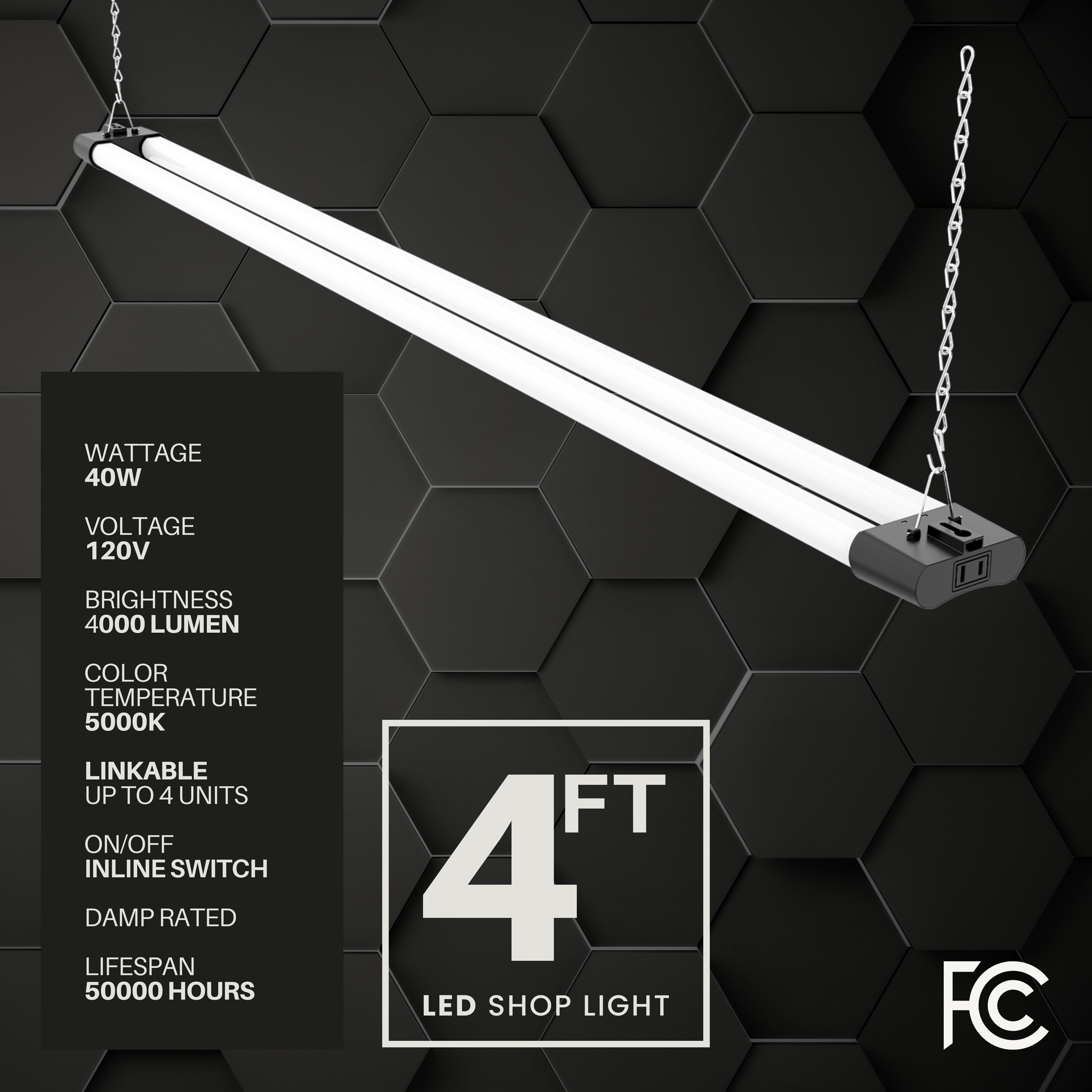 4 Pack LED Shop Light 4 FT 40W Plug Linkable Fixture Hanging Flush Mount Utility Light for Garage Workshop