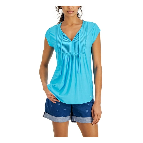 TOMMY HILFIGER Womens Turquoise Tie Gathered Pintucks Ladder Trim Pullover Cap Sleeve Split Top S