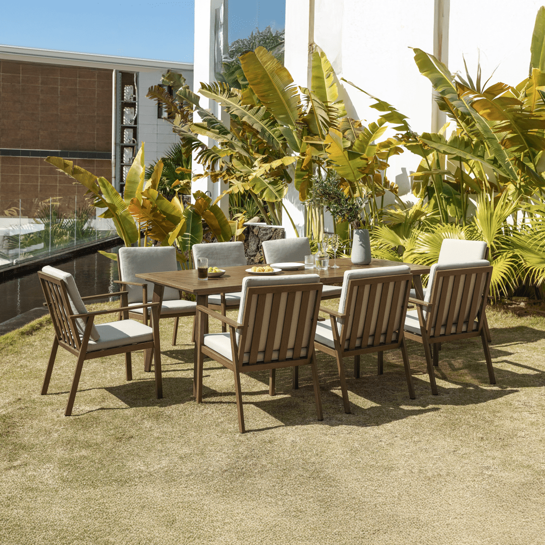 8 Person Outdoor Dining Table Aluminum Umbrella Hole All-Weather, Teak