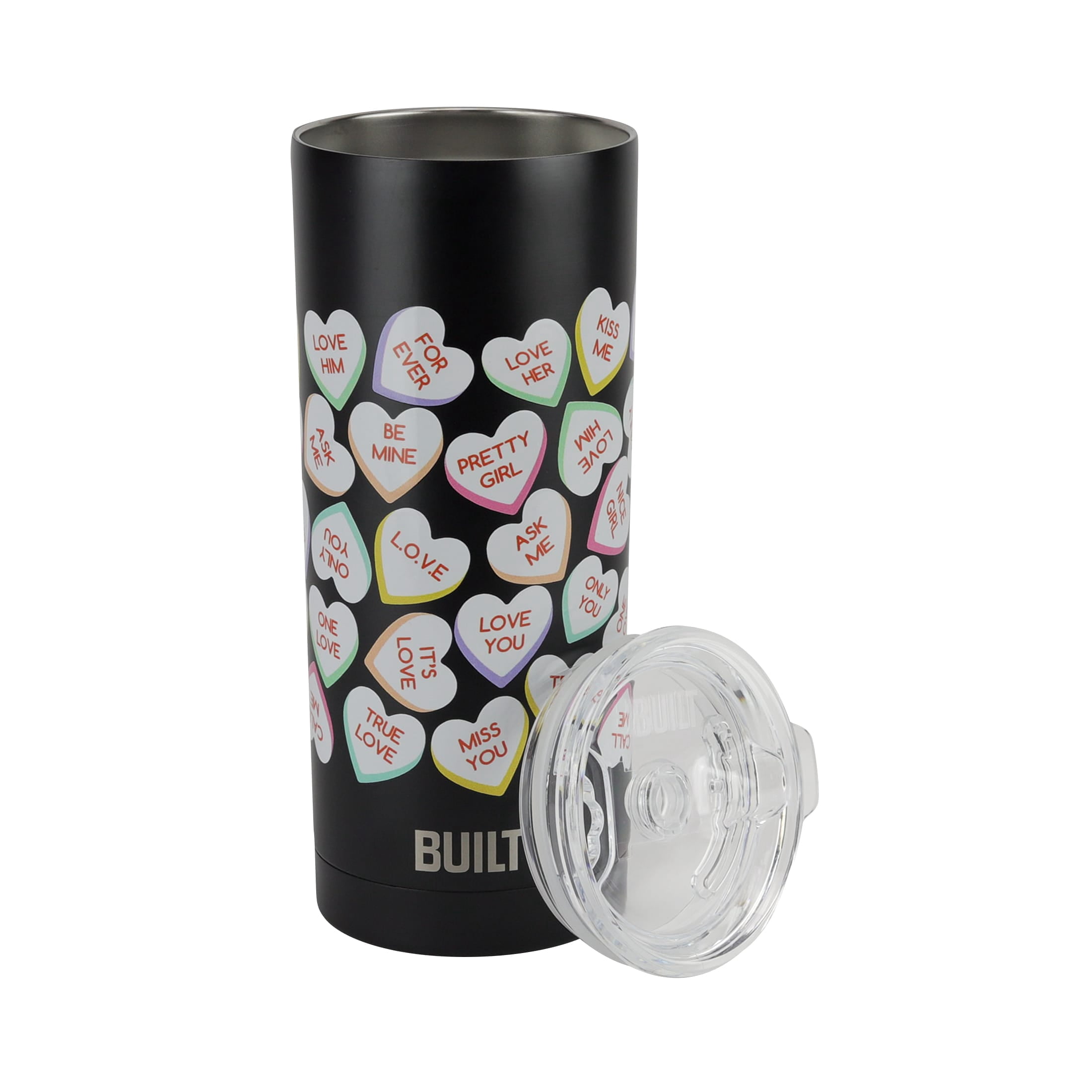 BUILT Valentine's Day Insulated Stainless Steel 20 oz Tumbler Black Conversation Hearts