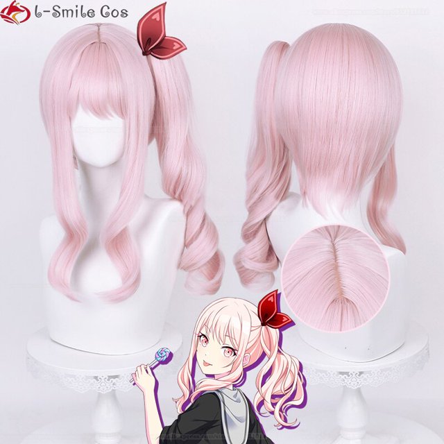 Anime Project Sekai Colorful Stage! feat. Akiyama Mizuki Cosplay Wig mzk 45cm Light Pink Curly Heat Resistant Hair Amia Wigs heqiyong LED