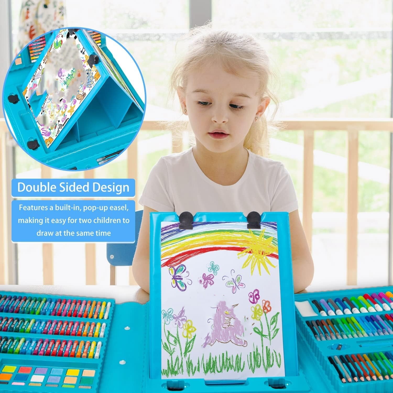 Art Supplies, 208 Pack Art Sets Crafts Drawing Coloring kit, Double-Side Trifold Easel, Oil Pastels, Crayons, Colored Pencils, Creative Gift for Beginners Artists Girls Boys Kids (Blue)