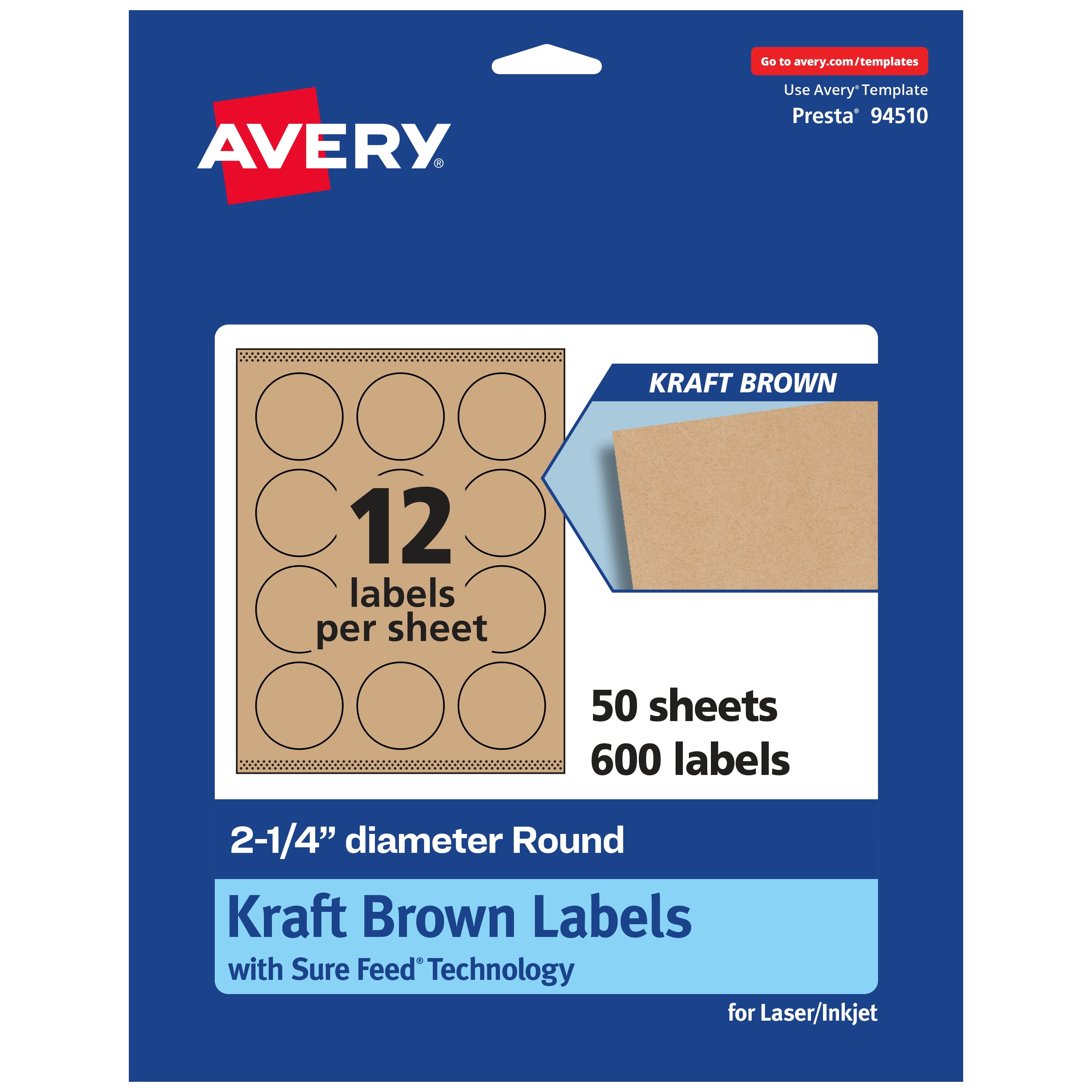Avery Kraft Brown Round Labels with Sure Feed, 2.25" diameter, 180 Kraft  Brown Labels, Print-to-the-Edge, Laser/Inkjet Printable Labels - Walmart.com