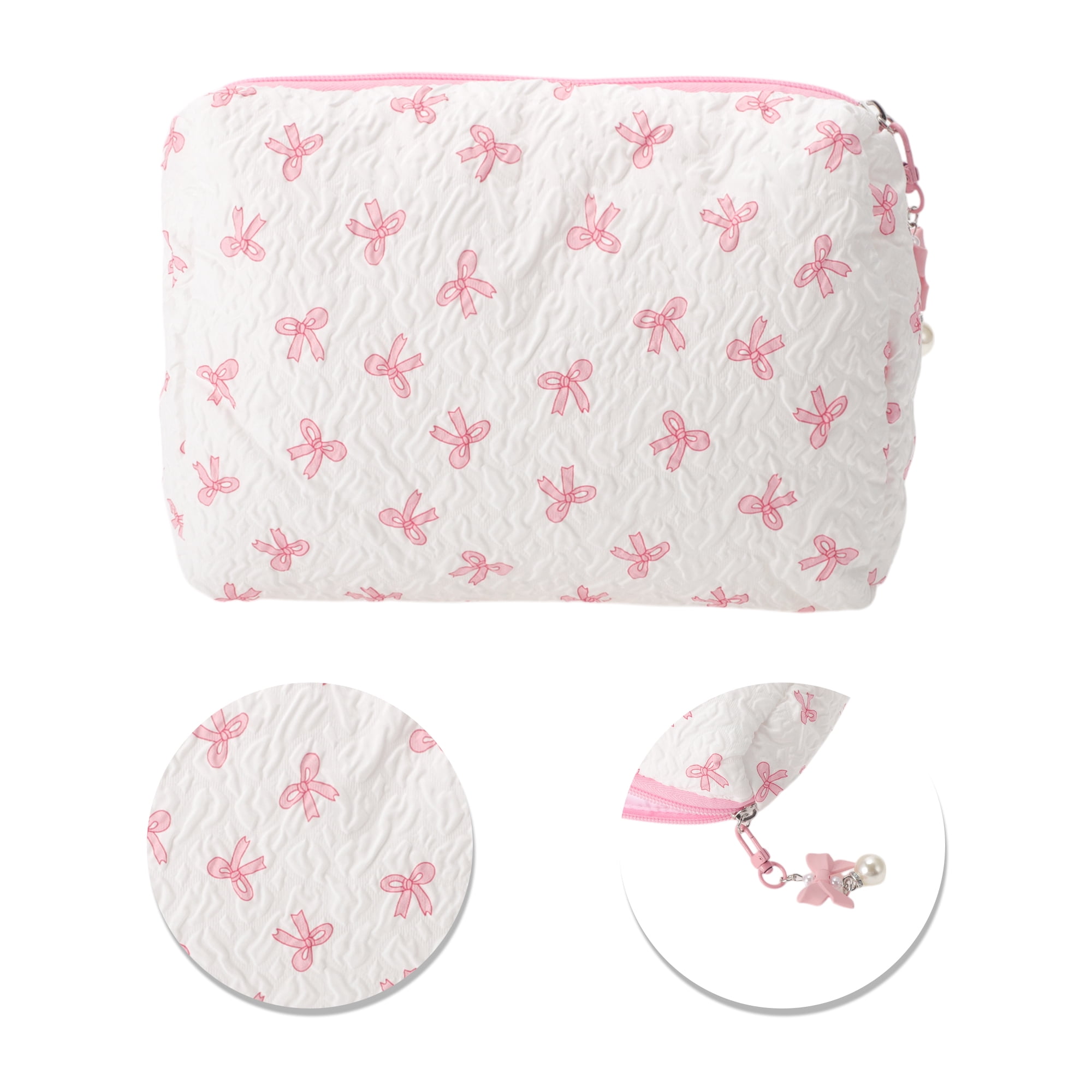 Unique Bargains 1 Pc Pendant Bow Makeup Bag Everyday Use 2.36 in White, Pink