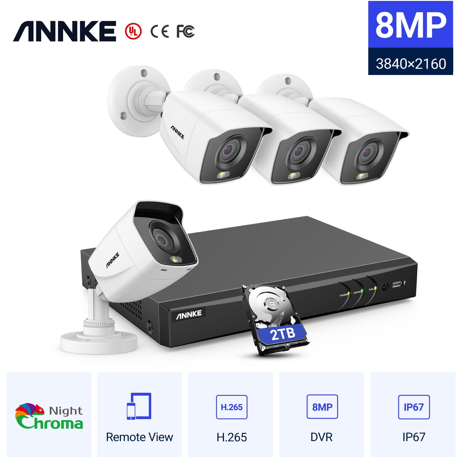 ANNKE ANNKE 4K 8CH NVR 4MP CCTV Home Security Camera System Full Color Surveillance 4T 