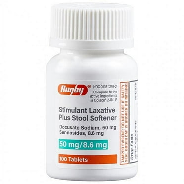 Rugby 2 in 1 Stimulant Laxative / Stool Softener Docusate Sodium 50 mg / Sennosides 8.6 mg - 100 Tablets