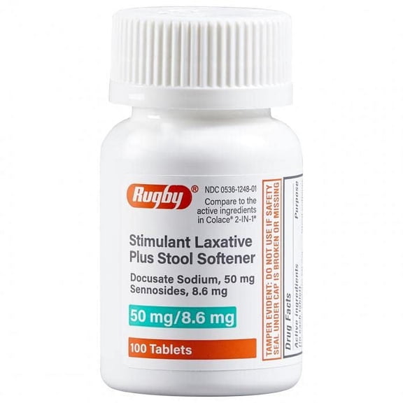 Rugby 2 in 1 Stimulant Laxative / Stool Softener Docusate Sodium 50 mg / Sennosides 8.6 mg - 100 Tablets