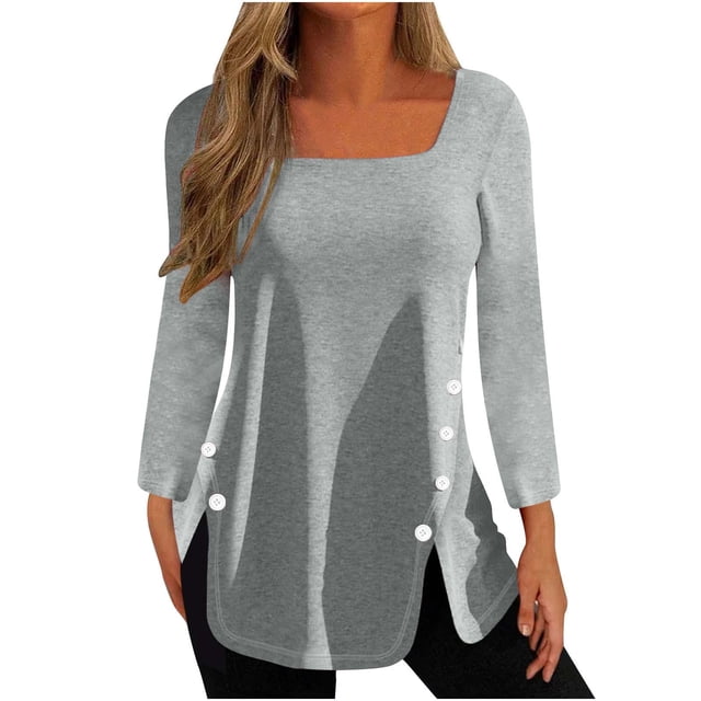 Timegard Womens Tops Square Neck Button Long Sleeve Solid Color Blouses Casual Comfy Loose Tee Tops
