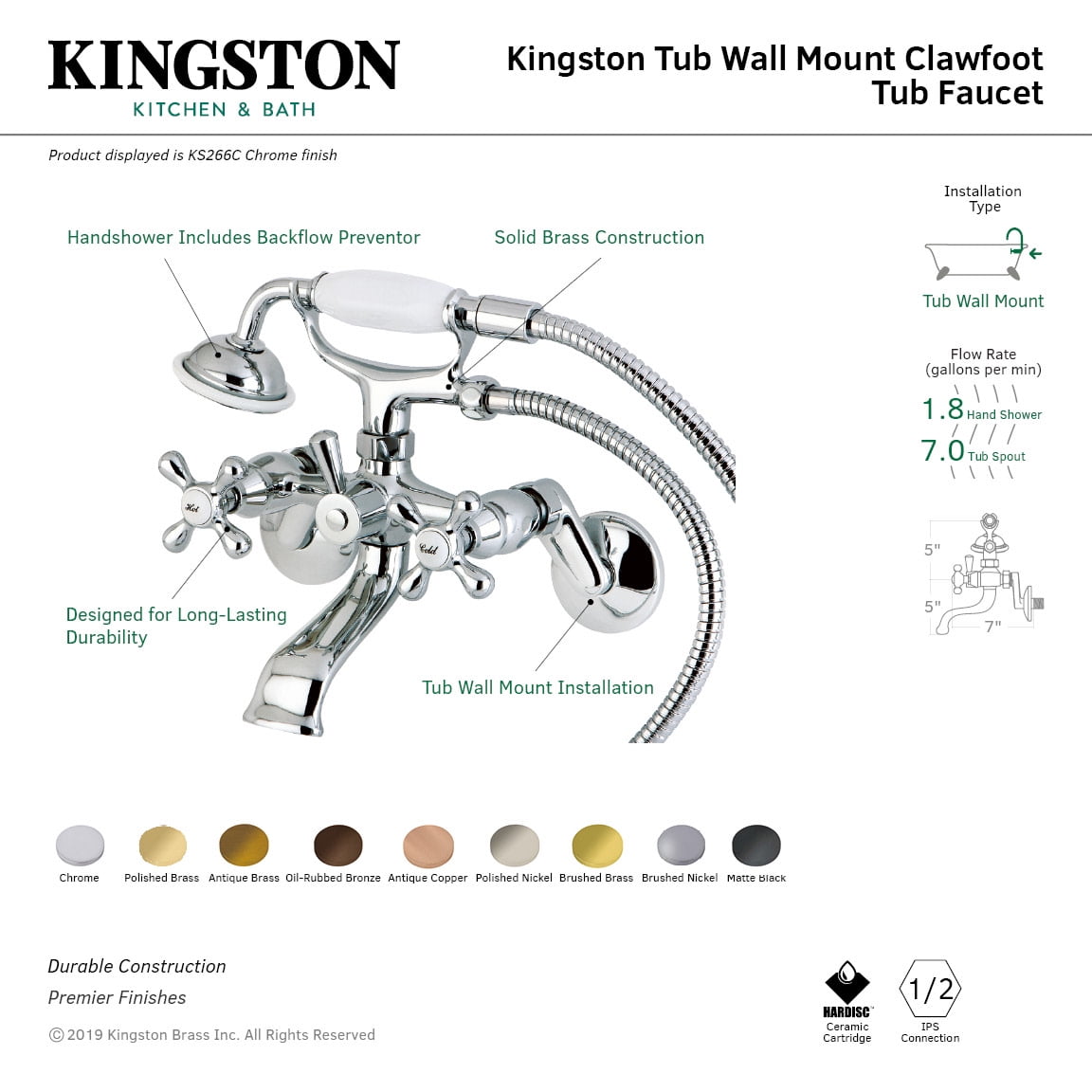 Kingston Brass KS266SB Wall Mount Clawfoot Tub Faucet with Hand Shower, Satin Brass