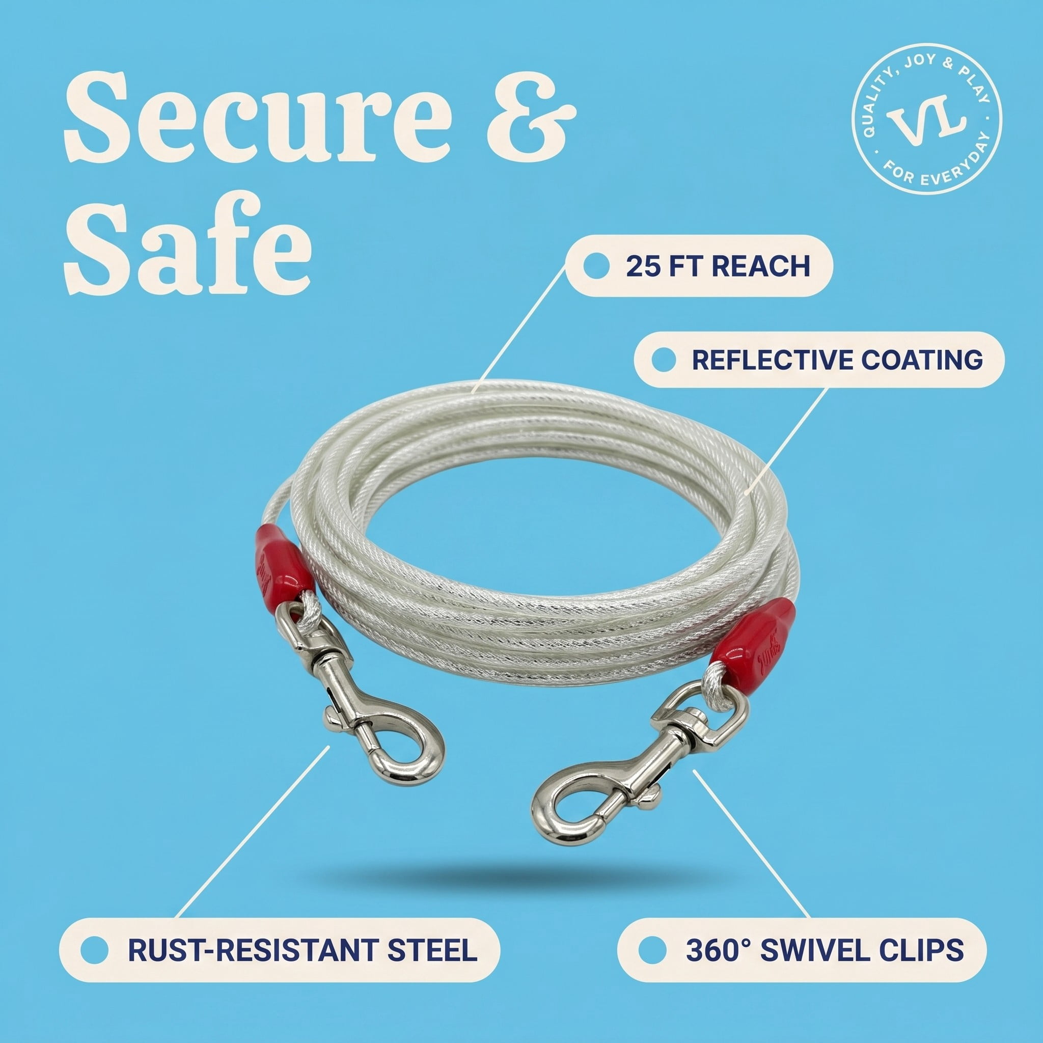 (3 pack) Vibrant Life Reflective Vinyl-Covered Tie-Out Cable for Dogs, Super, 25'