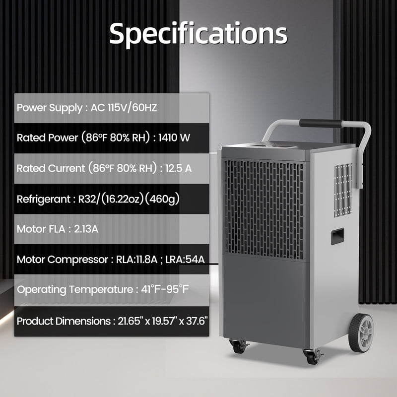 190 pt. 6000 sq.ft. Bucketless Industrial Dehumidifier in. Blacks for Garage, with Drain Hose, Auto-OFF, 10-95%RH Range