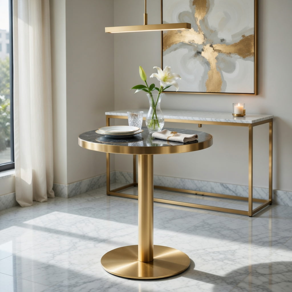 Hommoo Modern Round Bistro Table 23.6", Faux Marble Top with Stainless Steel Edge Banding & Heavy-Duty Metal Pedestal Base, High-Gloss UV-Coated Accent Table, Black & Gold