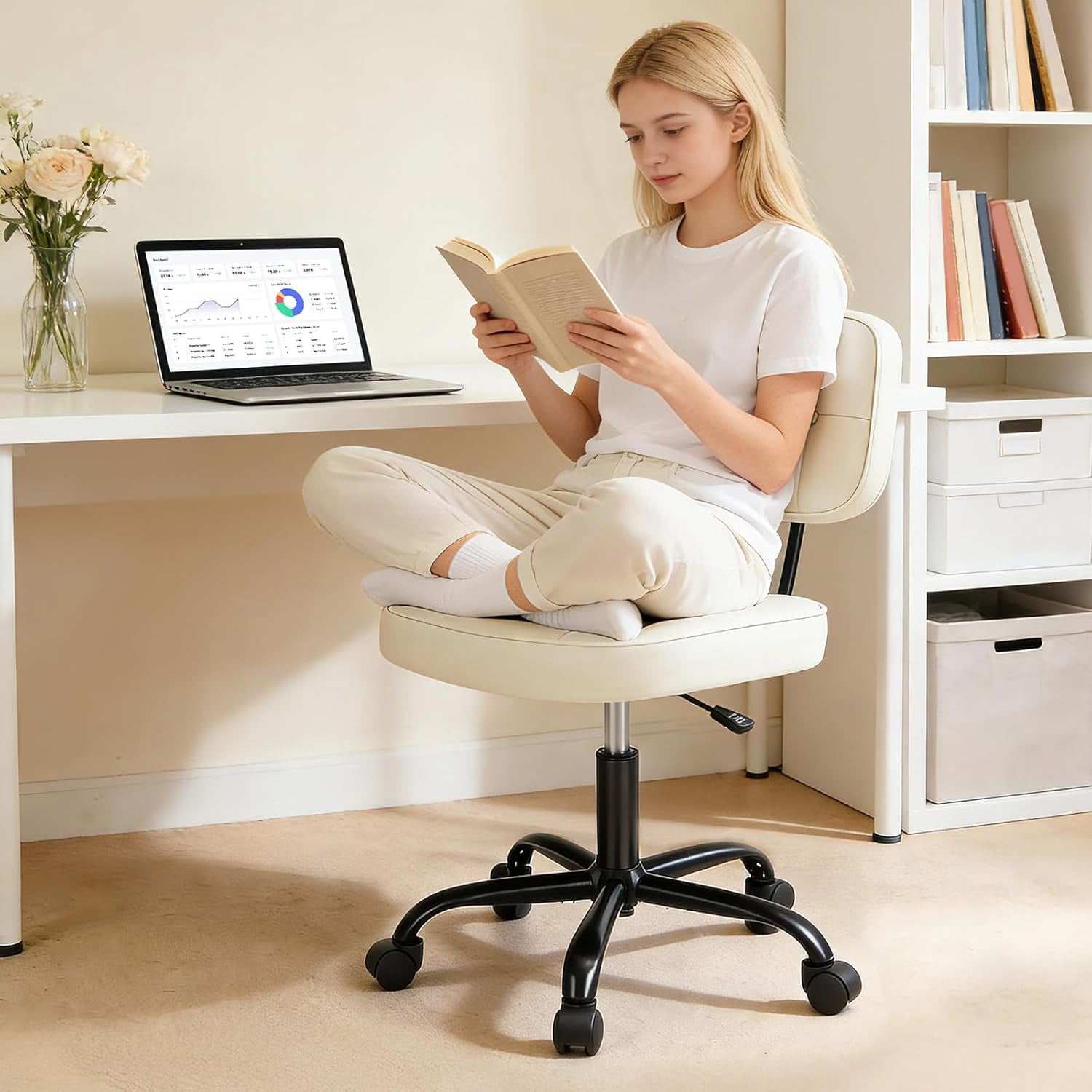 Armless Vanity Chair for Makeup Room, Small Desk Chair with Tufted PU Leather, Adjustable Height Rolling Computer Chair for Home Office & Dorm, Beige