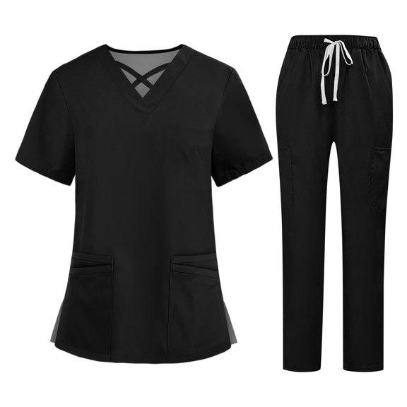 bbyeadc Women Scrubs Sets Plus Size Nursing Top Petite V-Neck Criss Cross Scrub Tops and Cargo Pants Medical Uniforms Scrubs with Pockets, Black S