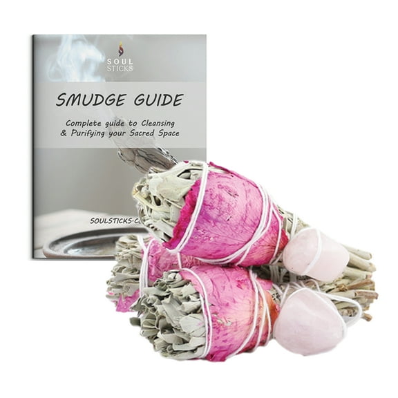 Soul Sticks 3 Pack White Sage Torches Smudge Sticks with Rose Petals and Rose Quartz Crystals