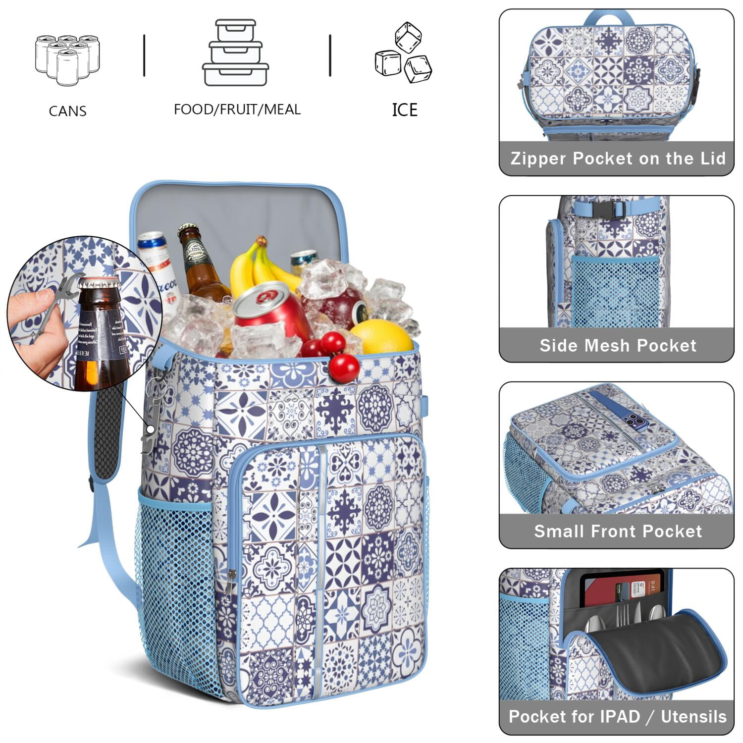 Travel Cooler Bag - Boho Bohemia Flower Camping Beer Cooler Backpack with Bottle Opener- Waterproof Insulated Picnic Backpacks - Cooler Bag for Beach