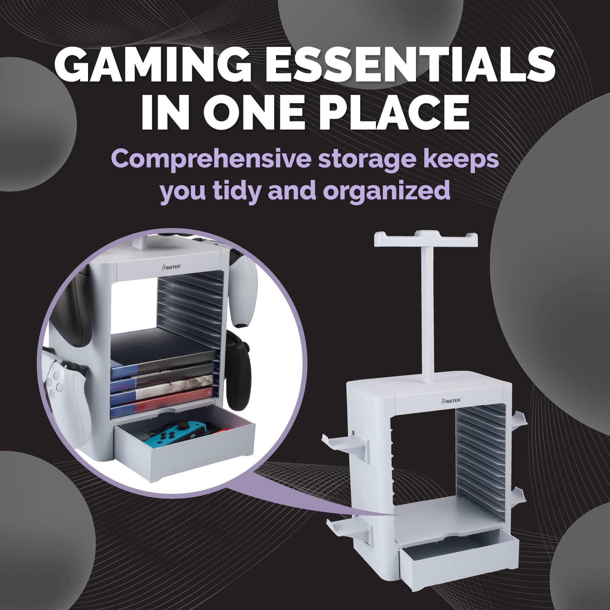 Game Organizer Holder, Storage Tower For PS5 PS4 xBox One Series X S  Nintendo Switch PC Games, 10 Disks, 4 Controllers, 2 Gaming Headset  Accessories