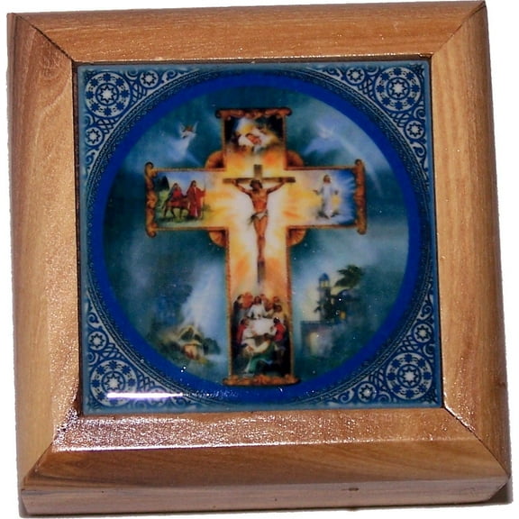 Holy Land Market First Communion Box - Rosary Box - Bethlehem Olive Wood (Ceramic - Crucifixion)