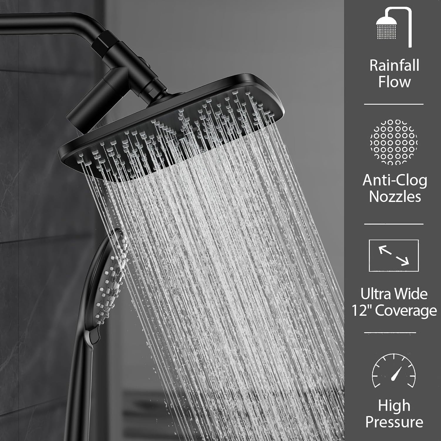 11.8 Inch Rain Shower Head with Handheld- High Pressure Dual Shower Heads with 5 Modes Handheld Spray Combo- Wide Rainfall Showerhead with Hose, Bathroom Accessories, Matte Black