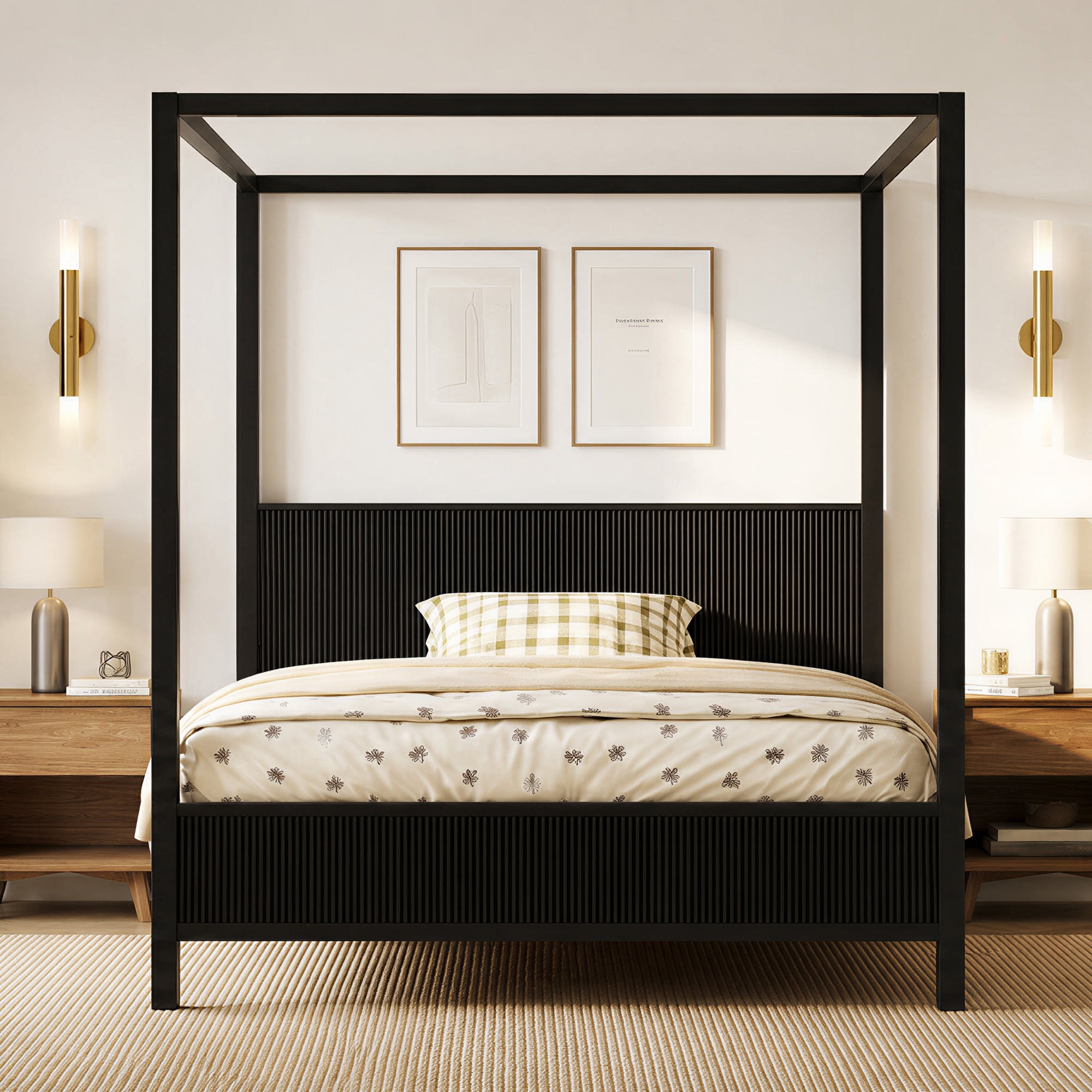 Euroco Wood Queen Size Canopy Platform Bed, Black