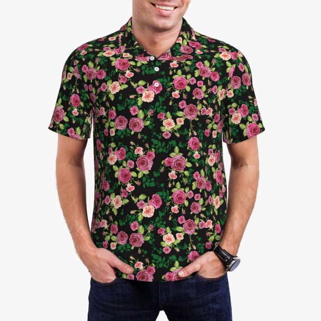 Balery Rose Flowers Camisa Polo de Hombre con Estampado, de Manga Corta y Tejido Medio, Camisa Tipo Golf Polo-X-Large